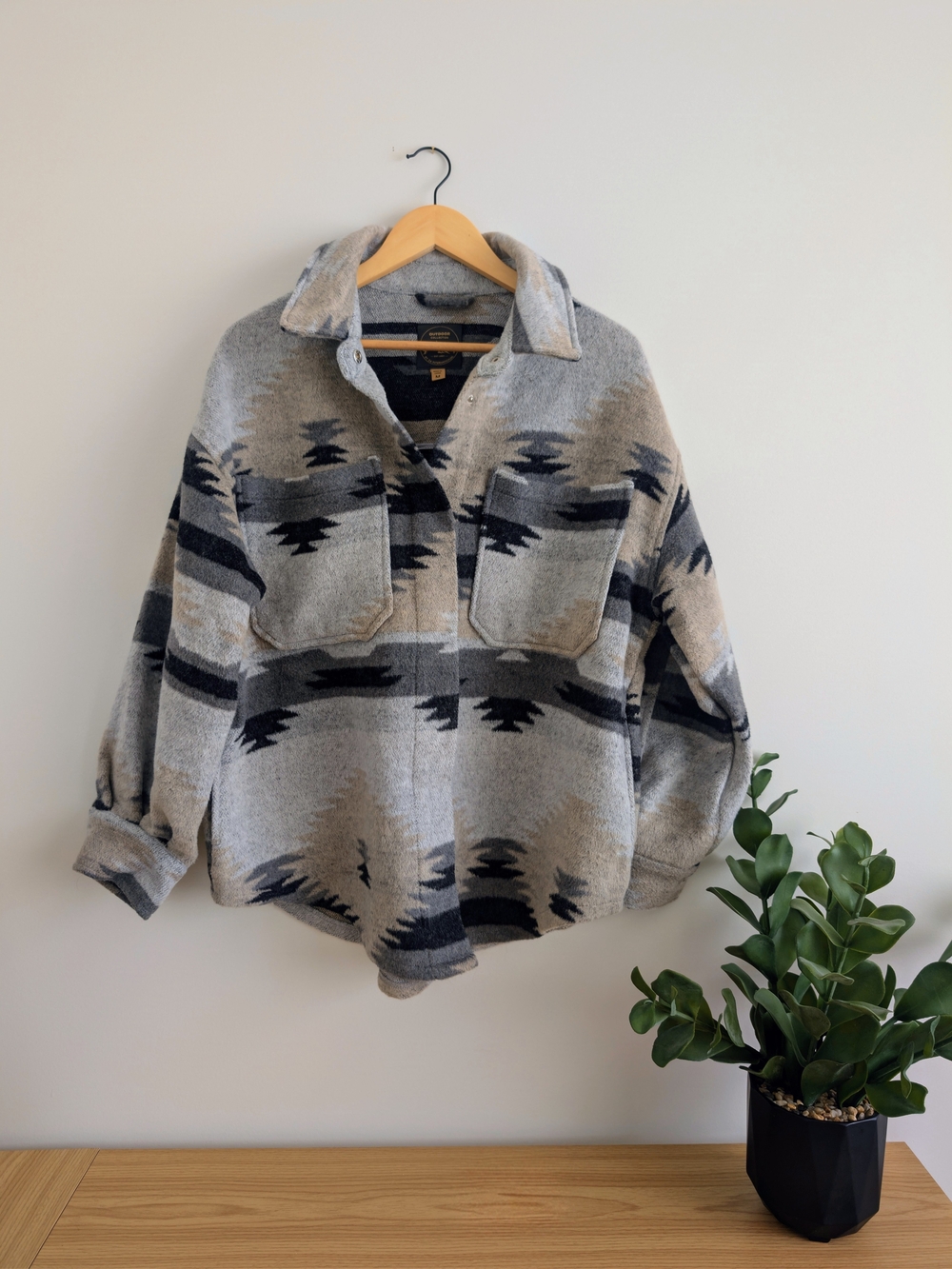 Aztec Pattern Button-Up Shacket in Gray and Tan